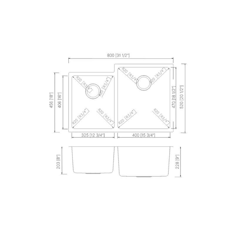 (image for) PELICAN PL-VR4060 R20 18 Gauge Stainless Steel Undermount Kitchen Sink 31 1/2'' x 20 1/2''' w/ Low Radius Corners