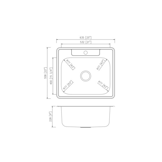 (image for) PELICAN PL-VT2522-1 18G Stainless Steel Single Bowl Top Mount Kitchen Sink 25'' x 22'' w/ 1 Hole