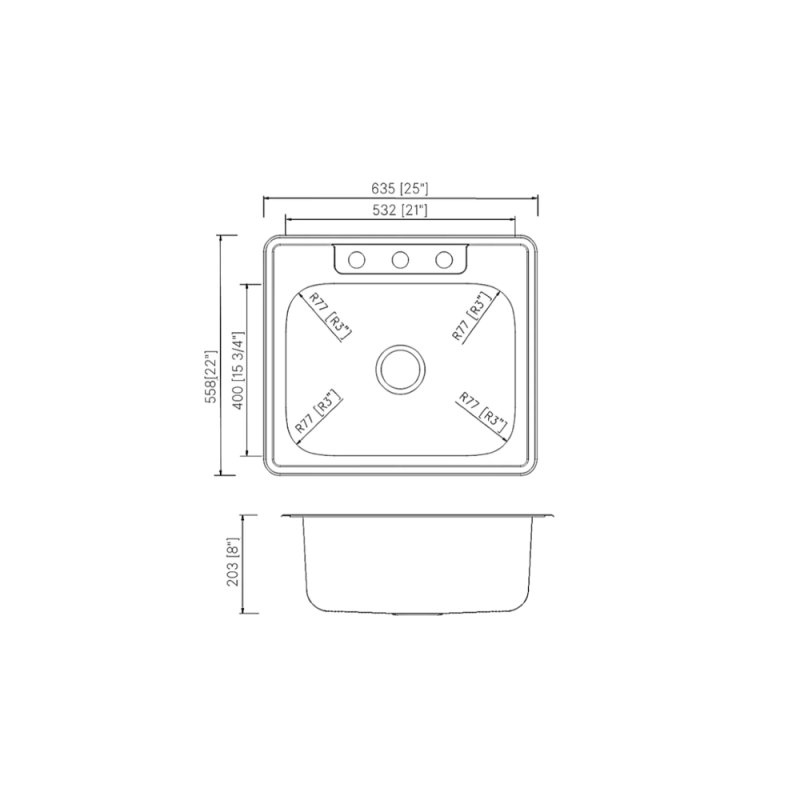 (image for) PELICAN PL-VT2522-3 18G Stainless Steel Single Bowl Topmount Kitchen Sink 25'' x 22'' w/ 3 Holes
