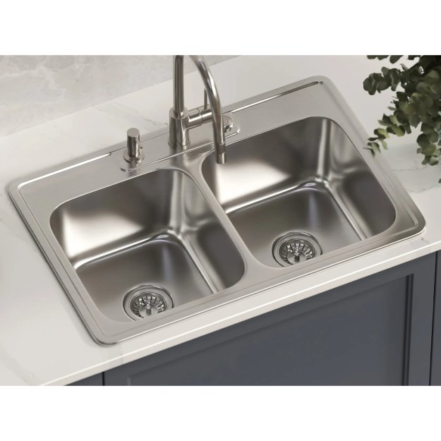 (image for) PELICAN PL-VT5050 18G Stainless Steel Double Bowl Top Mount Kitchen Sink 33'' x 22'' w/ 3 Holes
