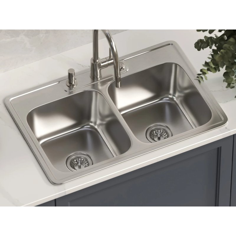 (image for) PELICAN PL-VT5050 18G Stainless Steel Double Bowl Top Mount Kitchen Sink 33'' x 22'' w/ 3 Holes