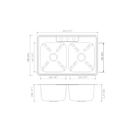 (image for) PELICAN PL-VT5050 18G Stainless Steel Double Bowl Top Mount Kitchen Sink 33'' x 22'' w/ 3 Holes