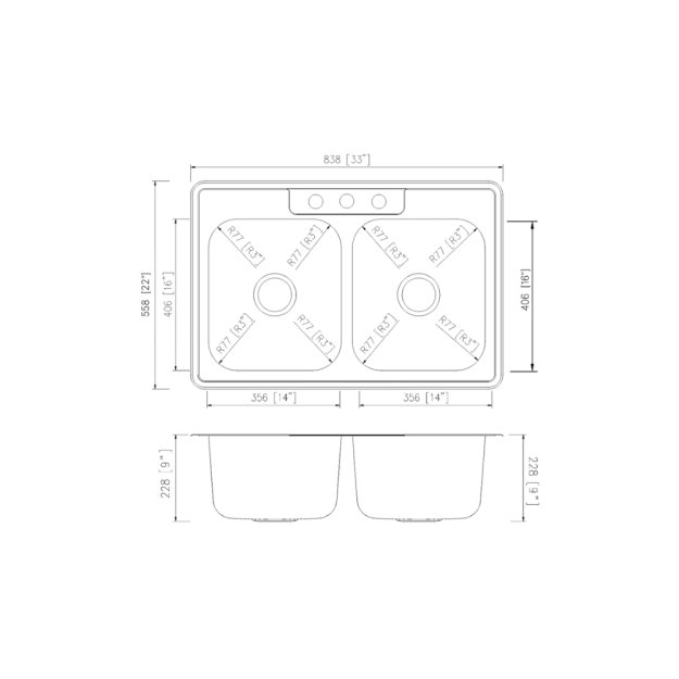 (image for) PELICAN PL-VT5050 18G Stainless Steel Double Bowl Top Mount Kitchen Sink 33'' x 22'' w/ 3 Holes