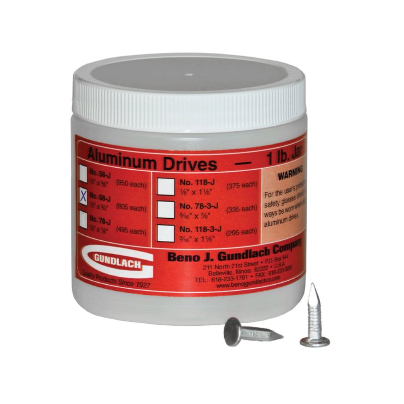 GUNDLACH 68-J 1/8\" x 3/4\" Flat Head Aluminum Drives - 1 Lb. Jar
