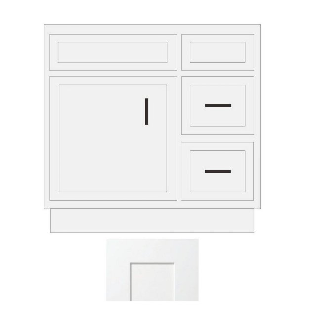 (image for) White Shaker 30" x 21" Vanity Sink Base Cabinet with Drawers on Right - WS-V3021DR