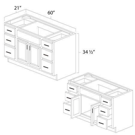 (image for) White Shaker 60" x 21" Vanity Sink Base Cabinet with Double Drawers - WS-V6021DD